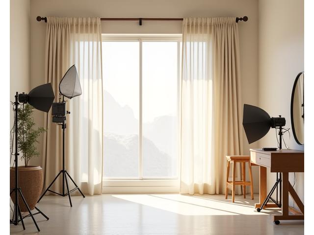 Artistic photo of a photography studio space with soft lighting and professional equipment
